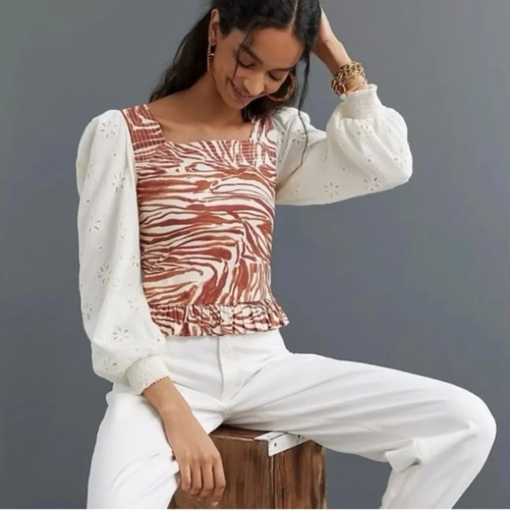ANTHROPOLOGIE Love The Label Smocked Eyelet Puff Sleeve Blouse with Zebra Bodice